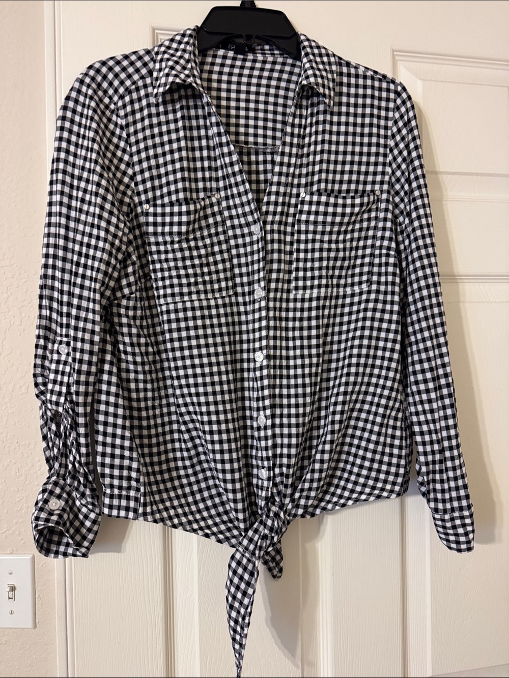 Jones New York Black White Gingham Tie Front Button Down Shirt Small